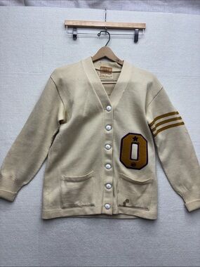 Vintage 50’-60’ Dehen wool Cream Varsity Button-Front Cardigan with Gold Stripe